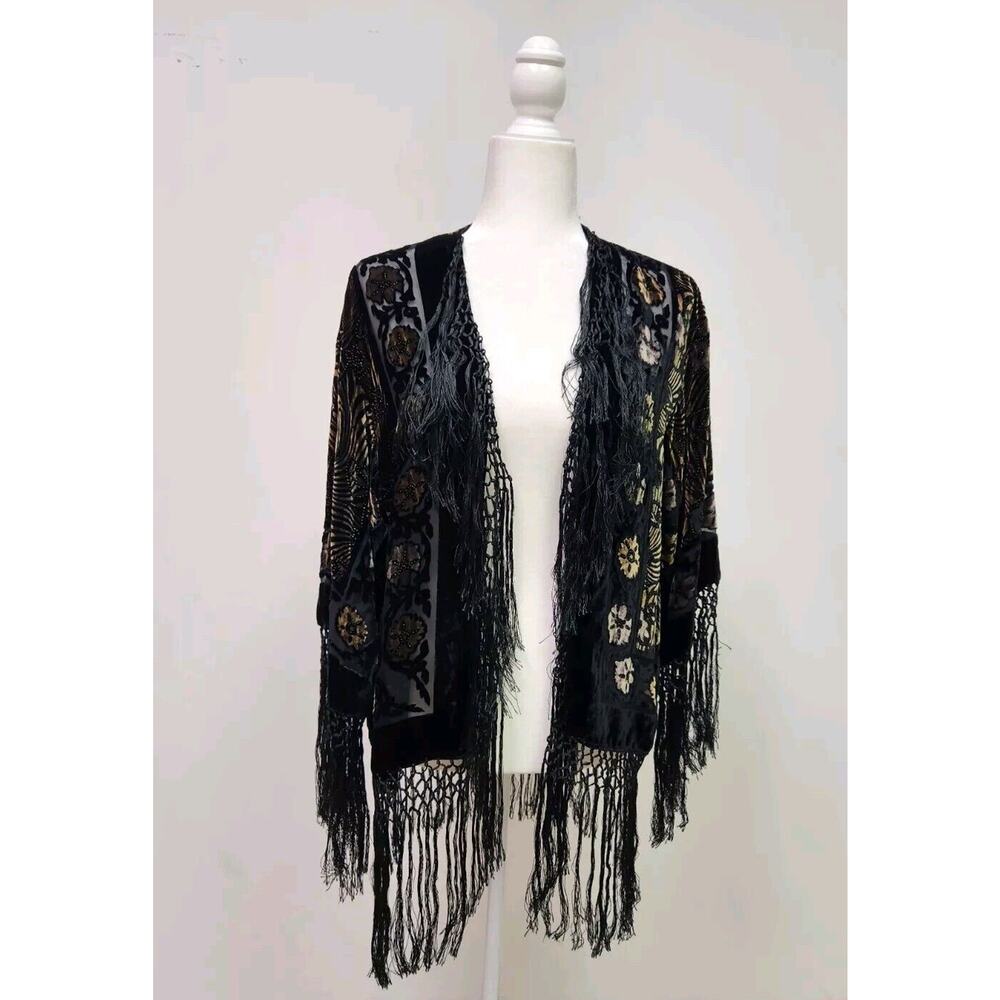 Aris A Vintage Piano Fringe Velvet Burnout Kimono Black & Amber OS Boho